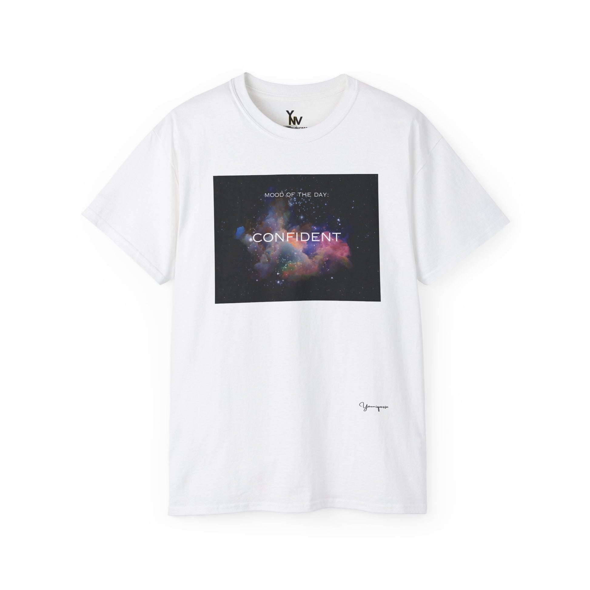 White unisex t-shirt with a rainbow universe graphic motivational Mood Of The Day Confident by Youniqverse