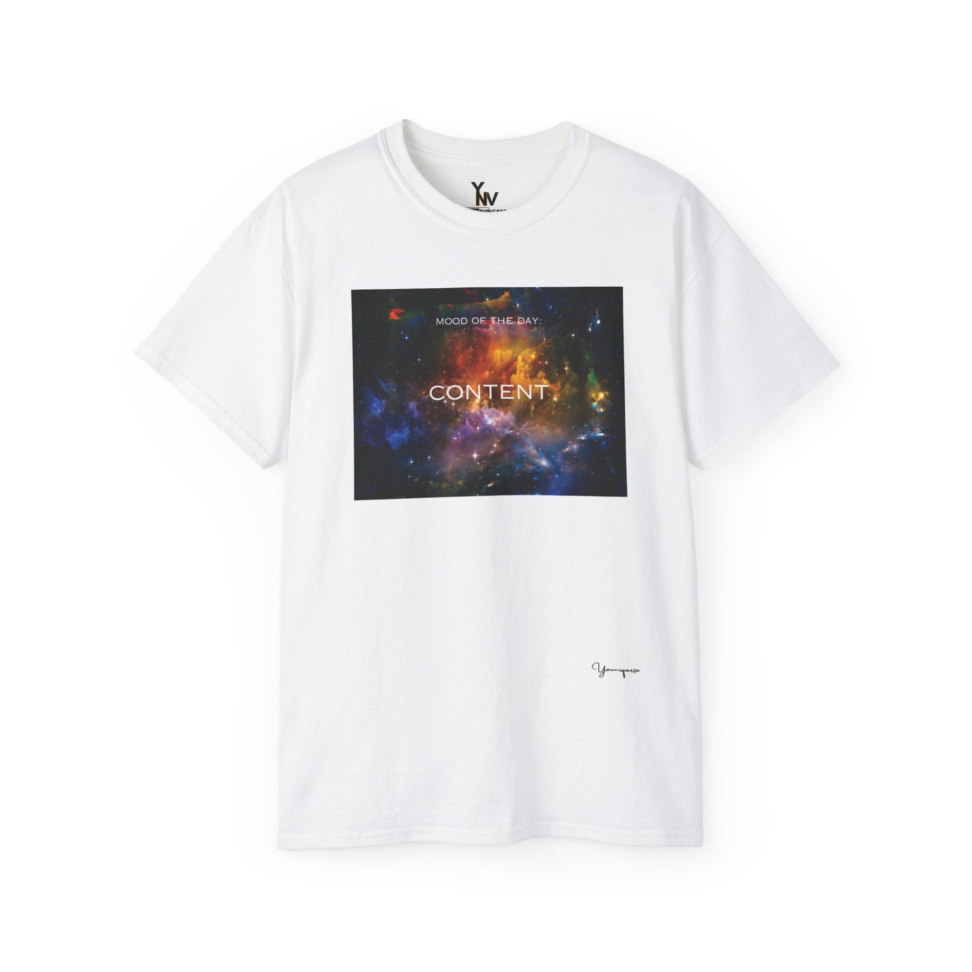 White unisex t-shirt with a rainbow universe galaxy graphic motivational Mood Of The Day Content by Youniqverse