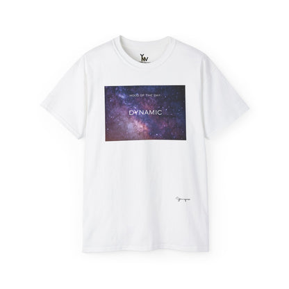 White unisex t-shirt with a pink and purple universe galaxy motivational Mood Of The Day Dynamic by Youniqverse