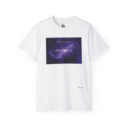 White unisex t-shirt with a purple universe milk way galaxy motivational Mood Of The Day Satisfied by Youniqverse