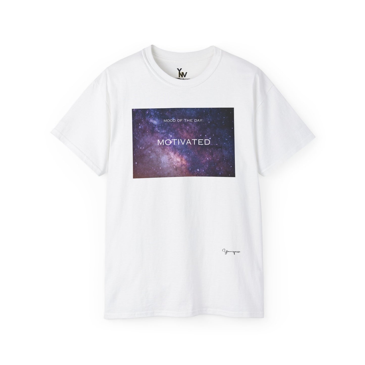 White unisex t-shirt with a pink and purple universe galaxy motivational Mood Of The Day Motivated by Youniqverse