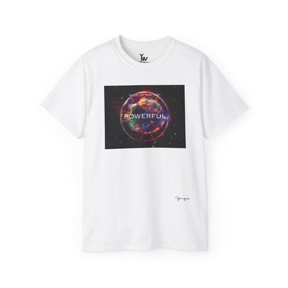 White unisex t-shirt with a red sphere-shaped cosmos graphic motivational Mood Of The Day Powerful by Youniqverse