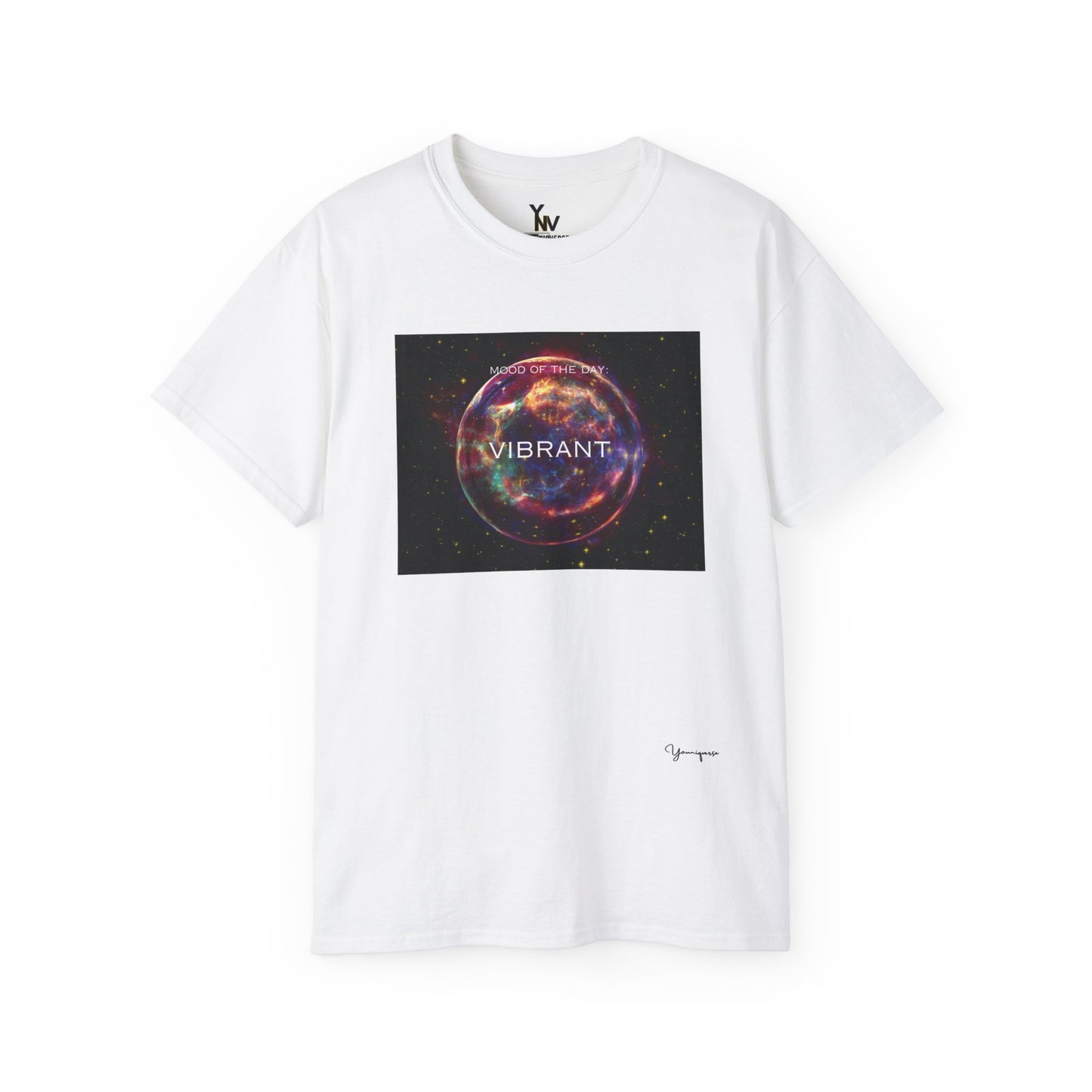 White unisex t-shirt with a red sphere-shaped cosmos graphic motivational Mood Of The Day Vibrant by Youniqverse