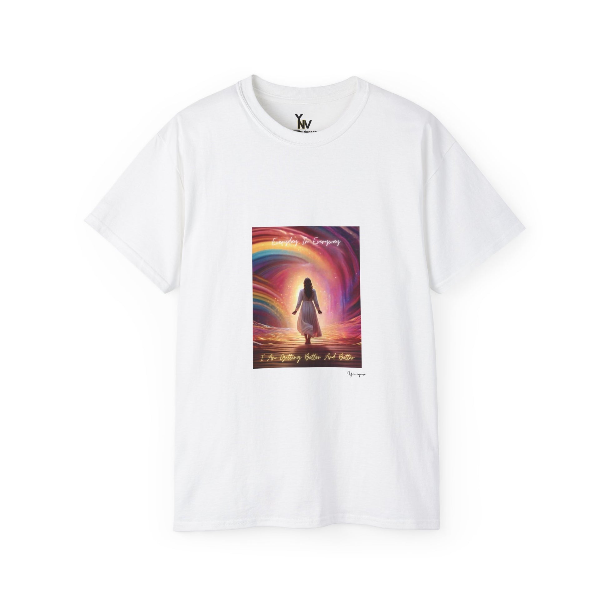 White unisex t-shirt with a lady in white dress in rainbow aura with positive quote Everyday In Every Way I Am Getting better And Better, Peaceful Rainbow 2 by Youniqverse