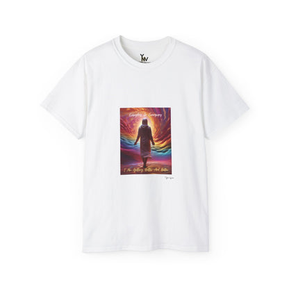 White unisex t-shirt with a person in white attire on cloudy rainbow with positive quote Everyday In Every Way I Am Getting better And Better, Peaceful Rainbow 3 by Youniqverse