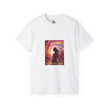 White unisex t-shirt with a lady in white dress on cloudy rainbow with positive quote Everyday In Every Way I Am Getting better And Better, Peaceful Rainbow 4 by Youniqverse