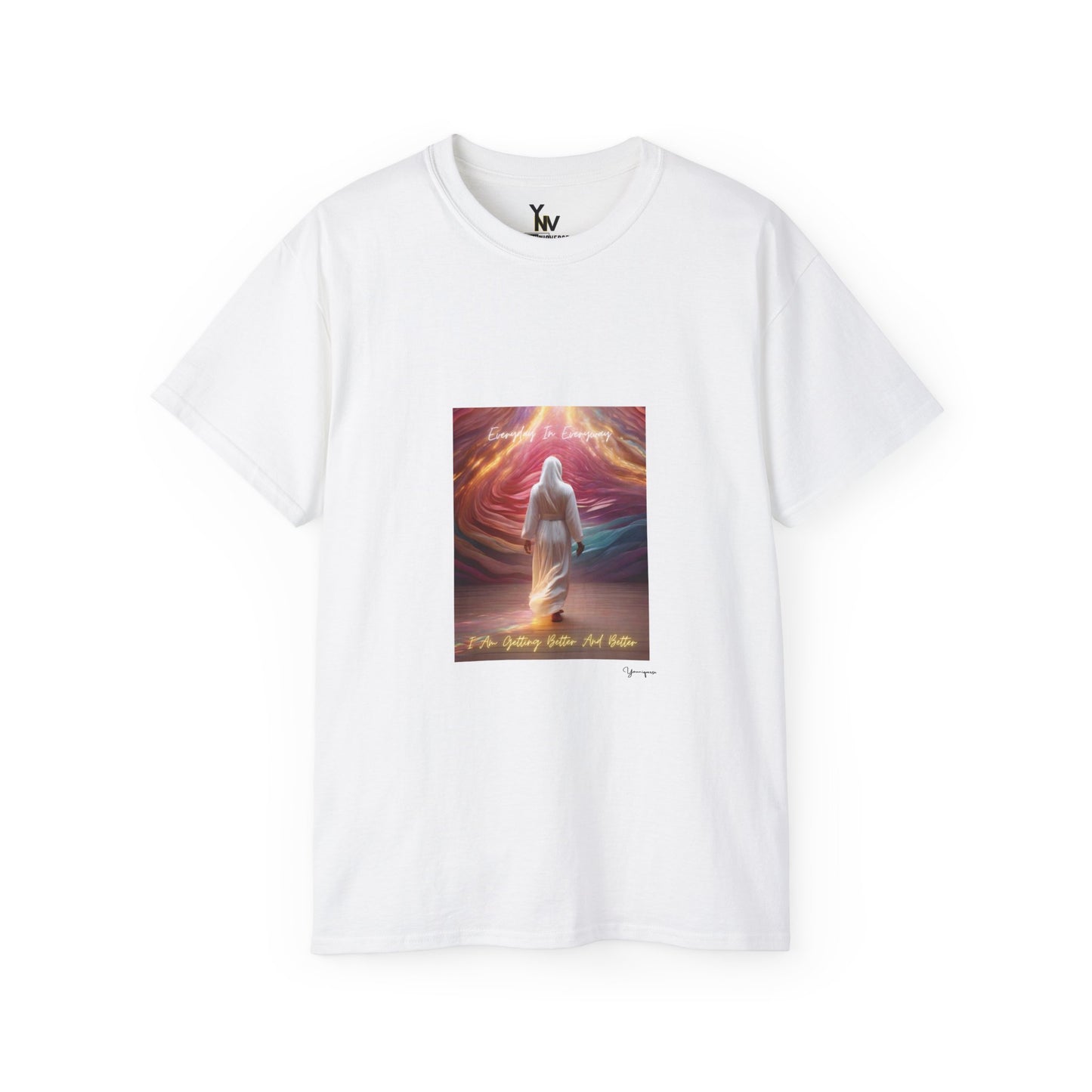 White unisex t-shirt with a person in white attire in rainbow aura with positive quote Everyday In Every Way I Am Getting better And Better, Peaceful Rainbow by Youniqverse