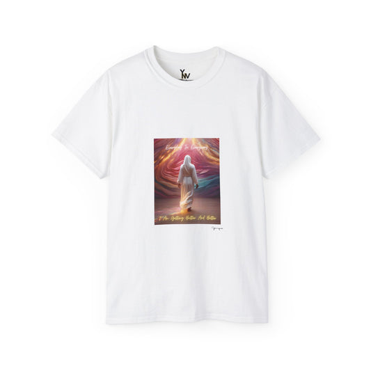 White unisex t-shirt with a person in white attire in rainbow aura with positive quote Everyday In Every Way I Am Getting better And Better, Peaceful Rainbow by Youniqverse