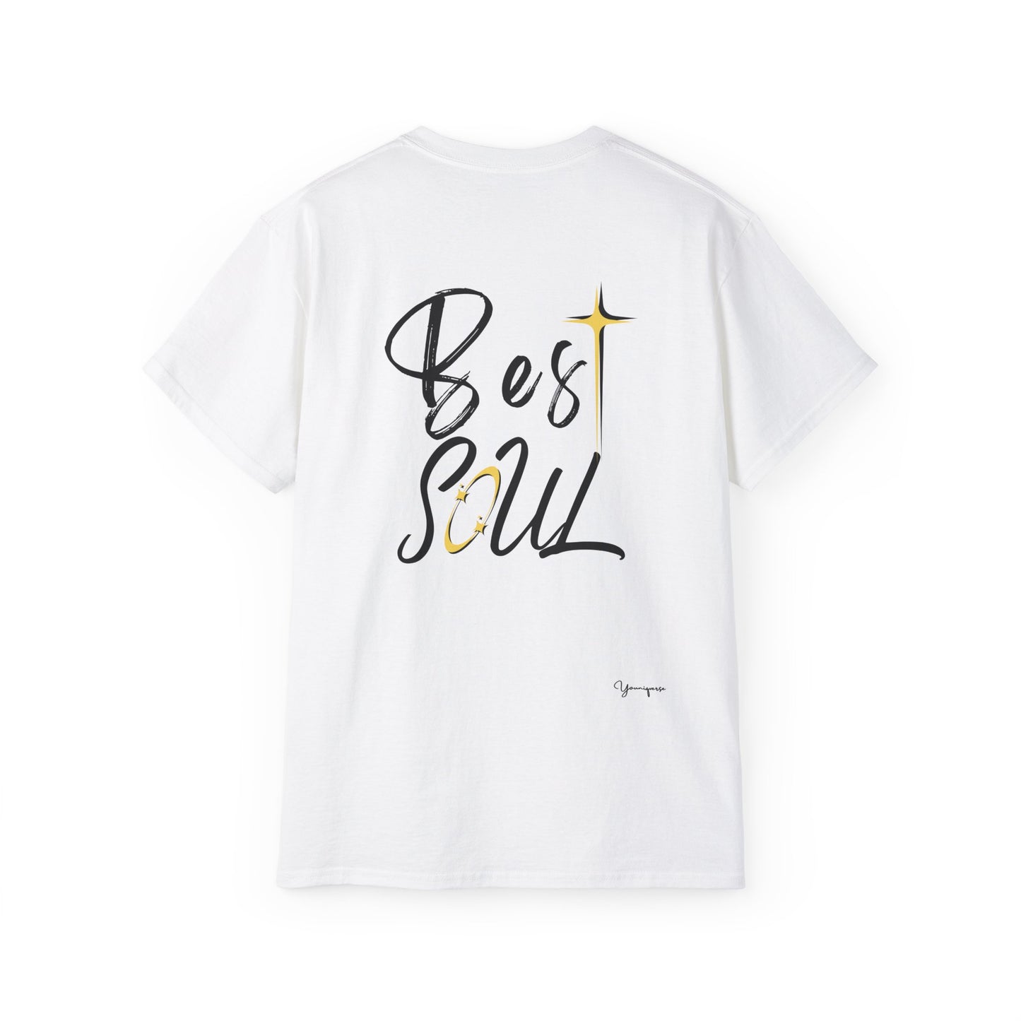 White unisex cotton t-shirt with positive sparkling Best Soul on front and back by Youniqverse