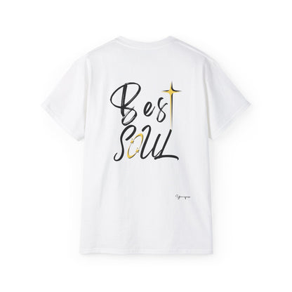 White unisex cotton t-shirt with positive sparkling Best Soul on front and back by Youniqverse