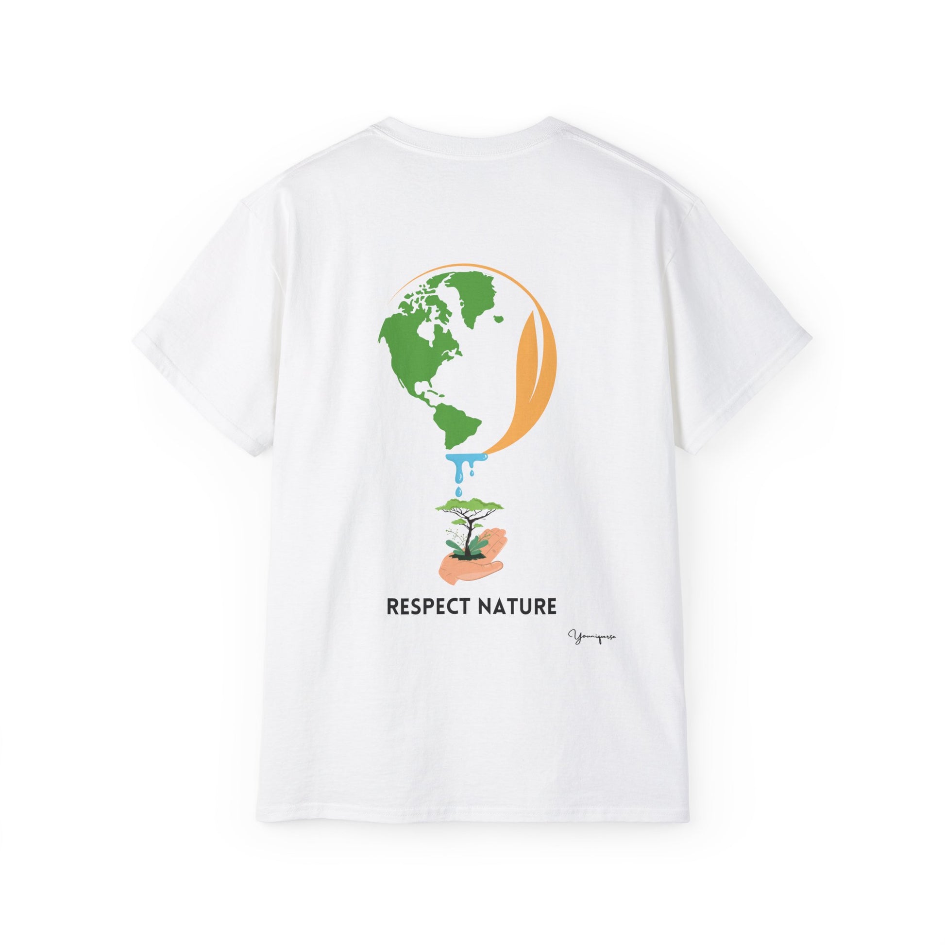 White unisex t-shirt with hand holding earth watering a tree Respect Nature on front and back by Youniqverse