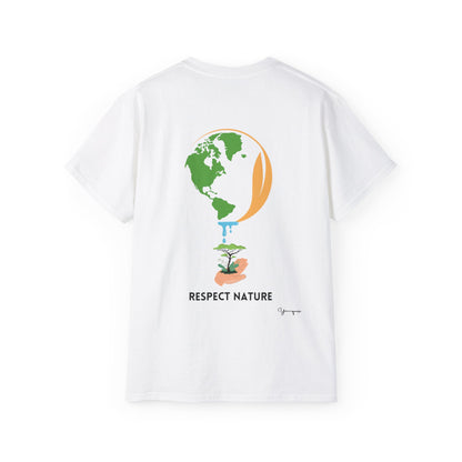 White unisex t-shirt with hand holding earth watering a tree Respect Nature on front and back by Youniqverse