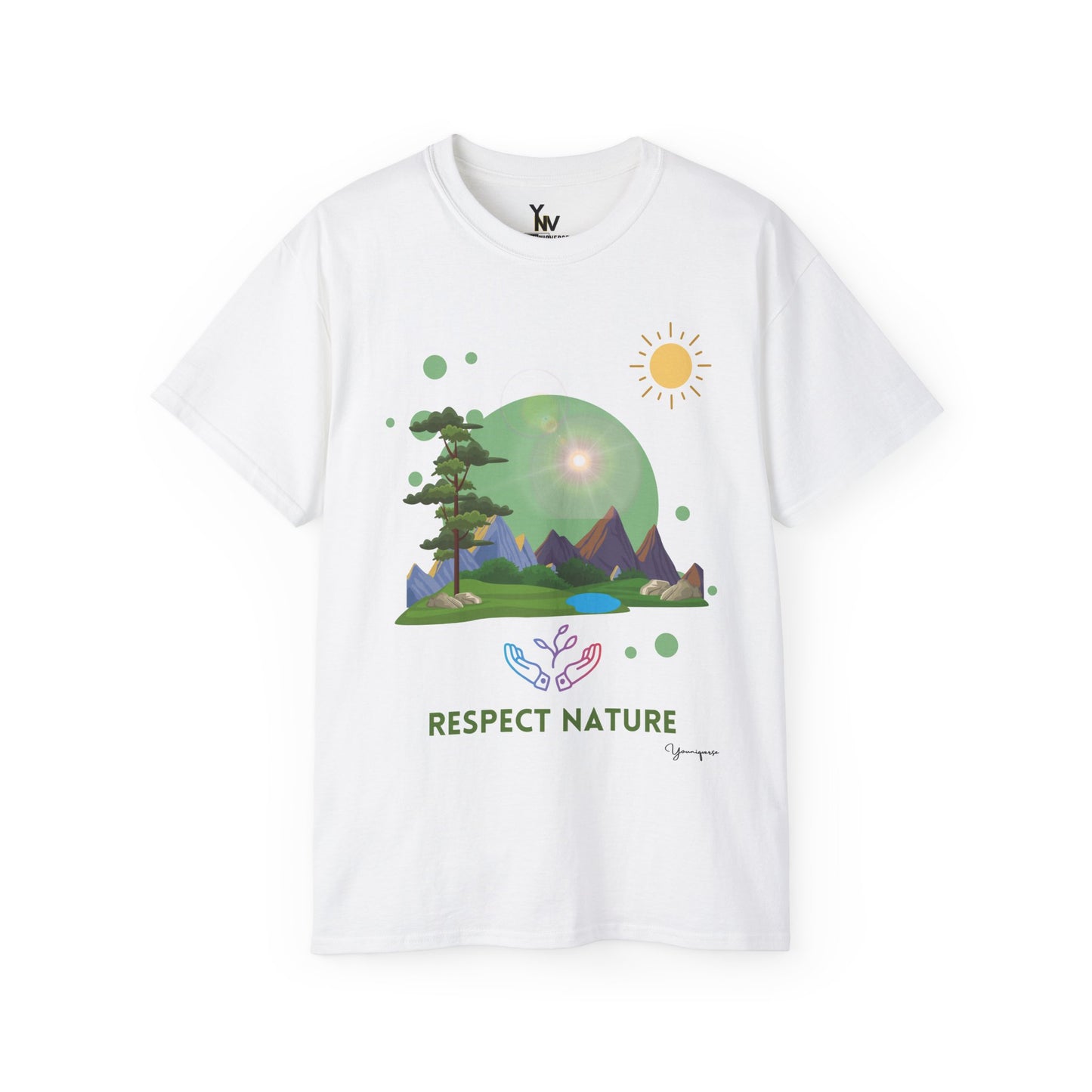 White unisex t-shirt with a hands embracing glowing nature under the sun Respect Nature by Youniqverse