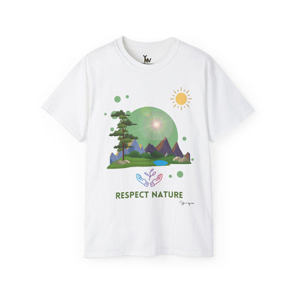 White unisex t-shirt with a hands embracing glowing nature under the sun Respect Nature by Youniqverse