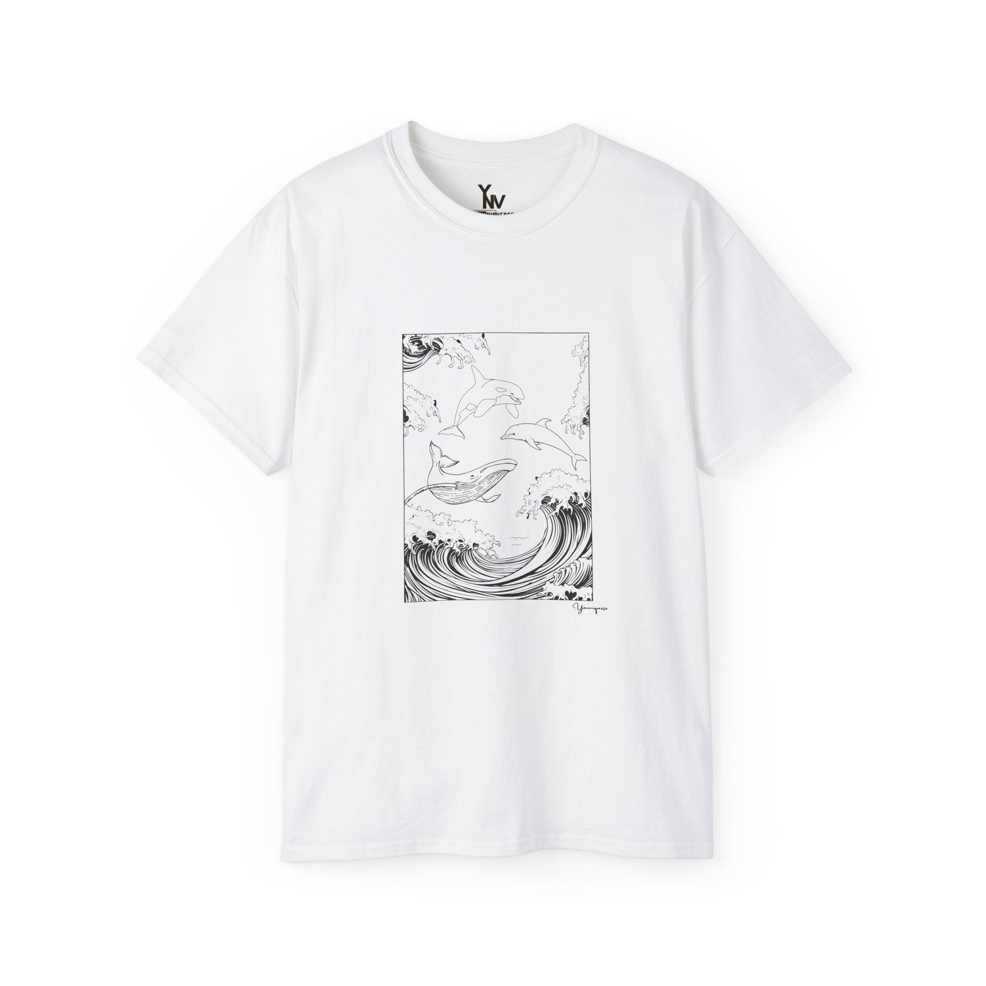 White unisex t-shirt with a graphic of a whale, orca, and dolphin leaping from the sea, Ocean Wildlife - Whale Orca Dolphin Tee y Youniqverse