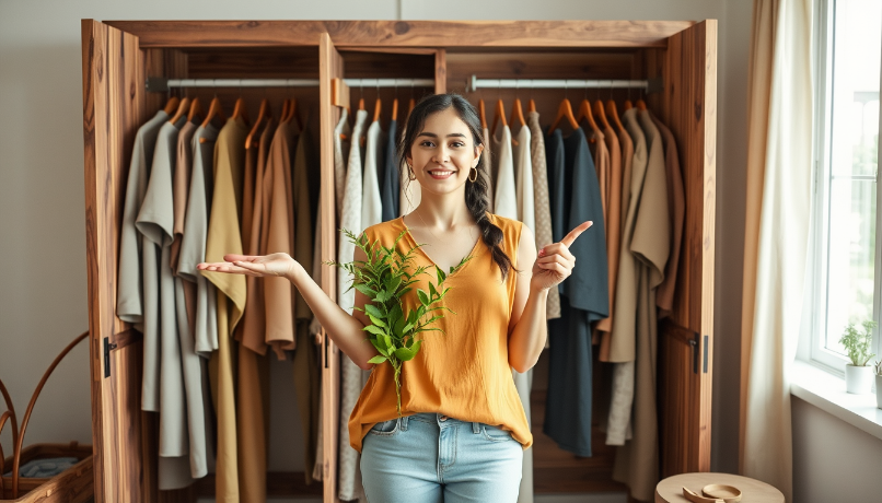 A woman stading in front of a wooden wardrobe with a flying plant in front of her, symbolizing sustainable fashion